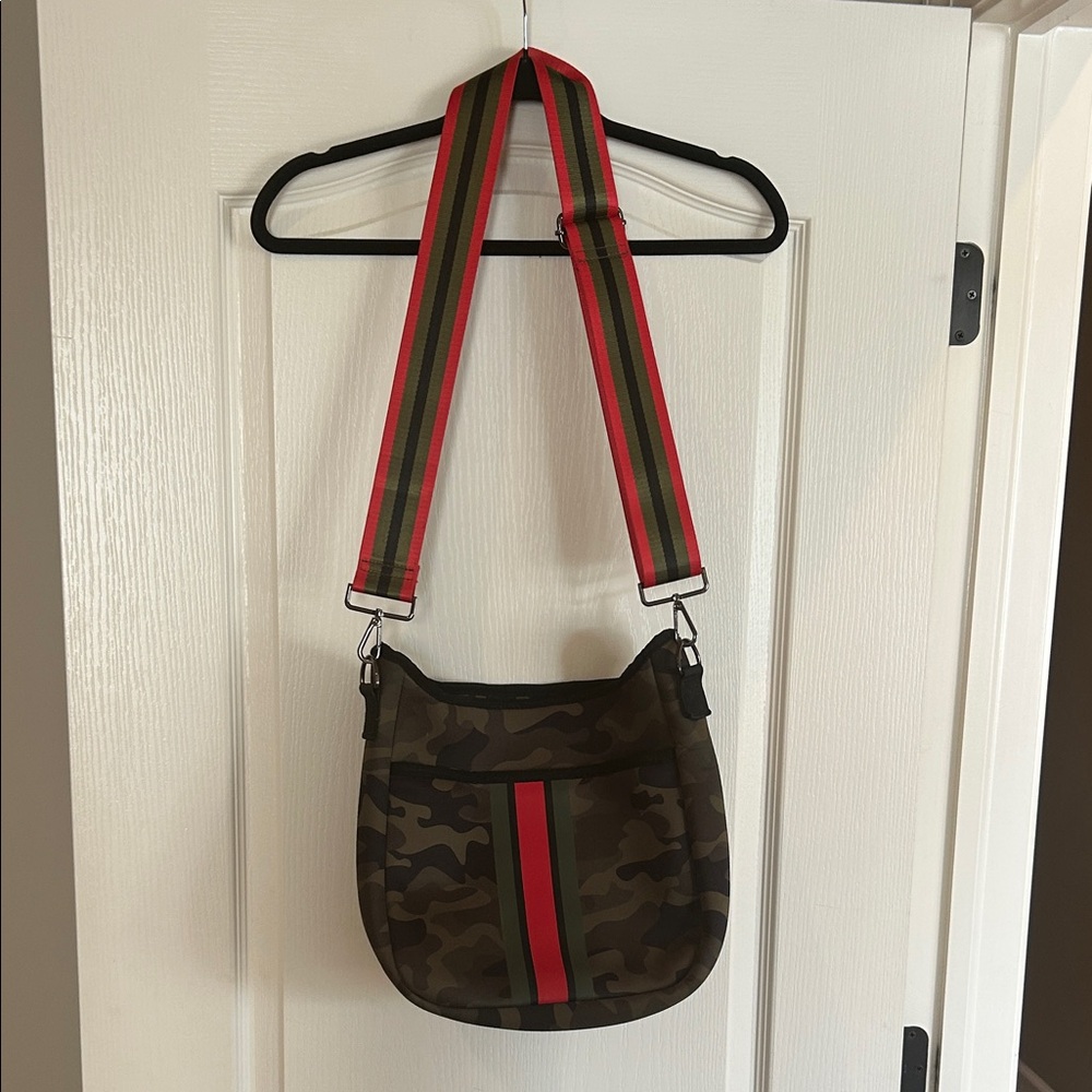 Haute Shore Camouflage Crossbody Bag with Red and Green Stripes